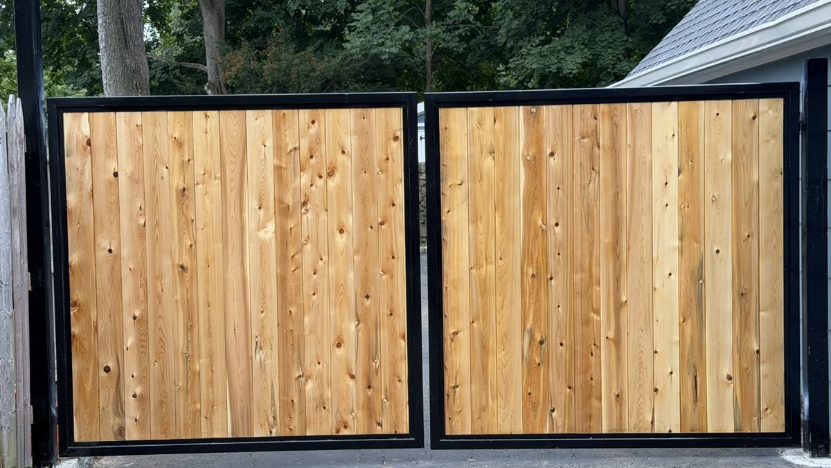 Cedar and black steel double driveway gate