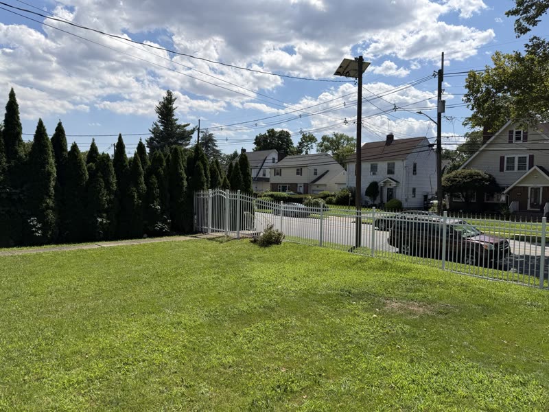 White fence and gate with cypress trees