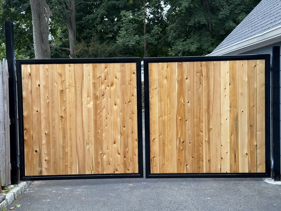 Cedar and black steel double driveway gate