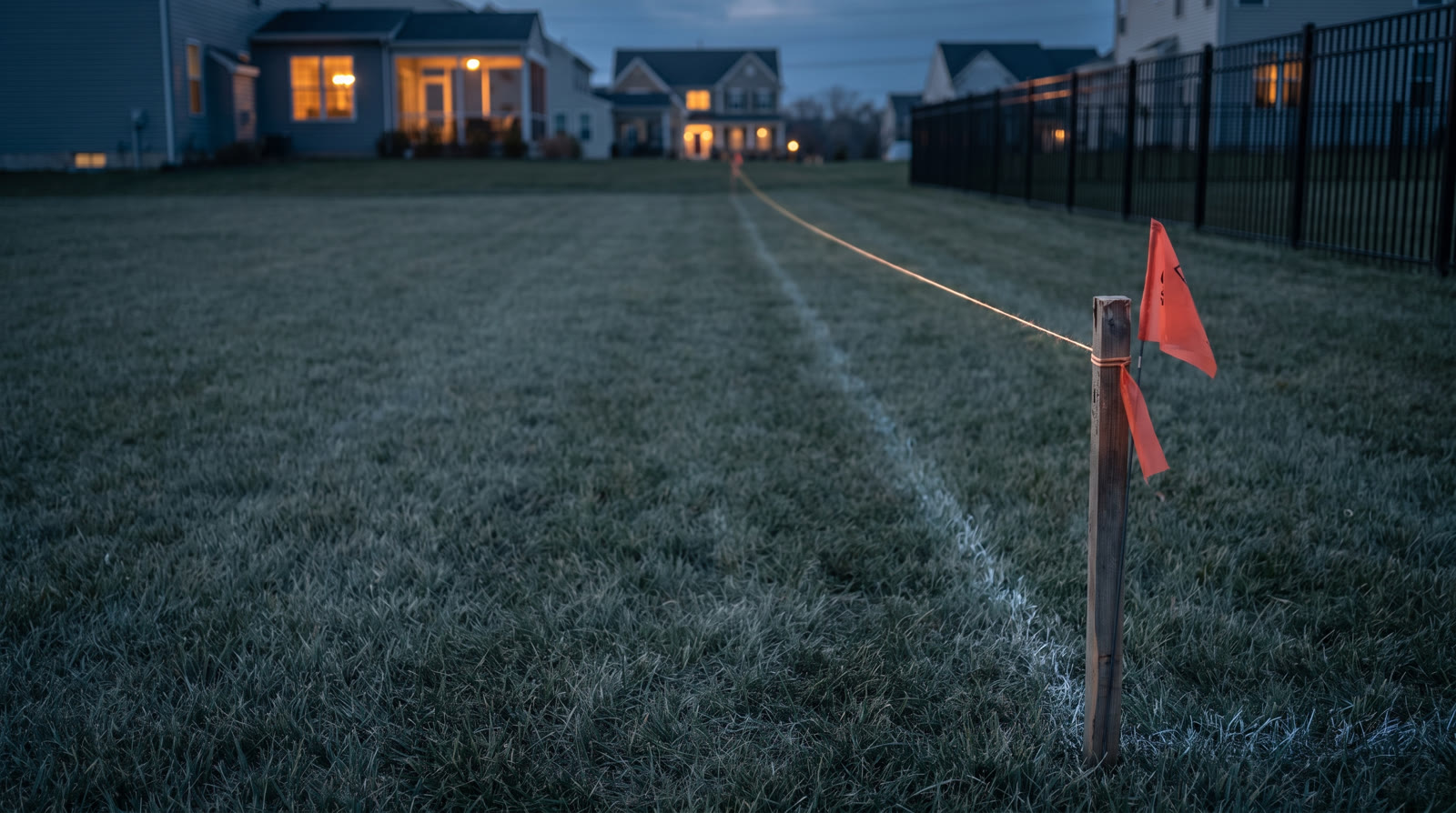 Illustration of a string line between survey stakes across a lawn at dusk