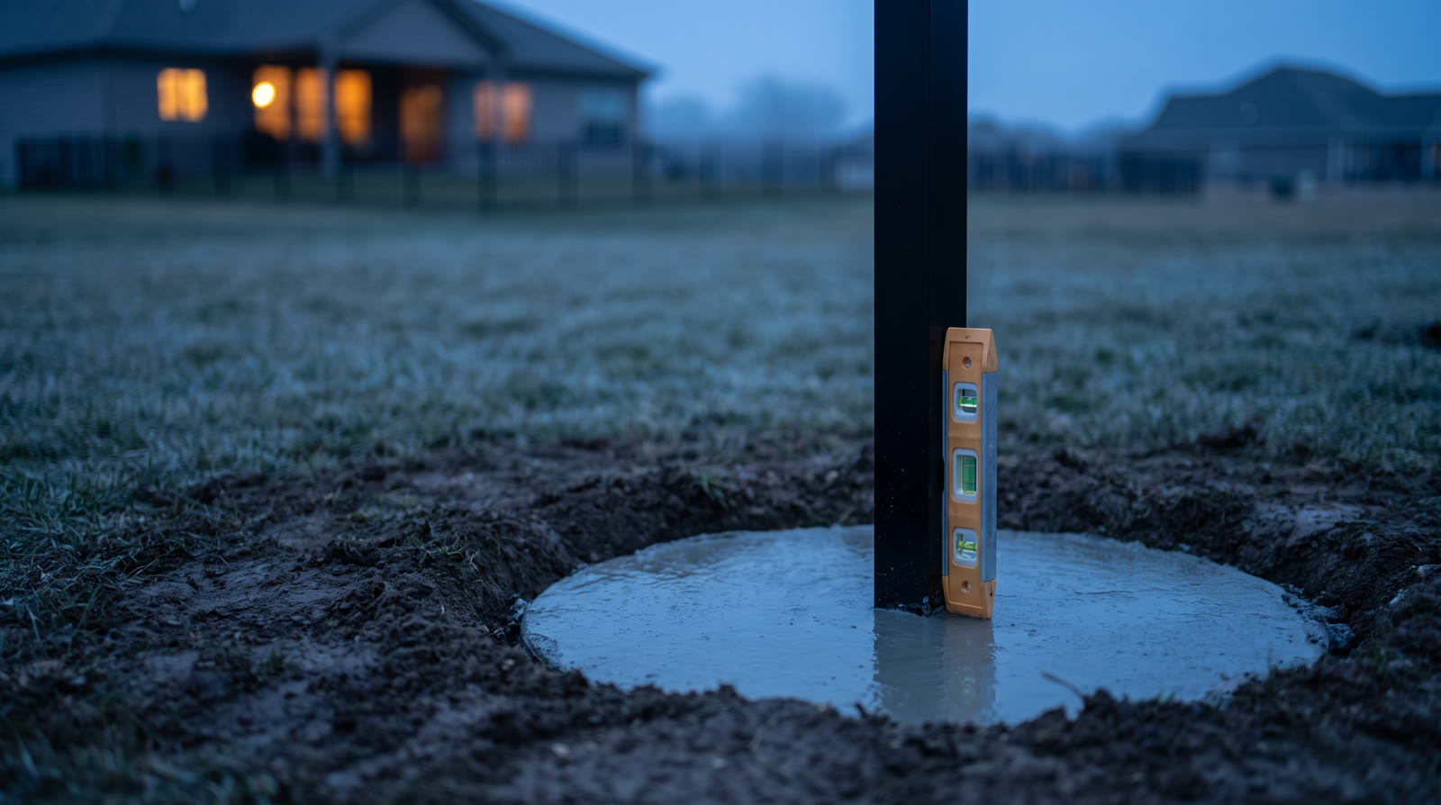 Illustration of a black fence post set in fresh concrete at dusk